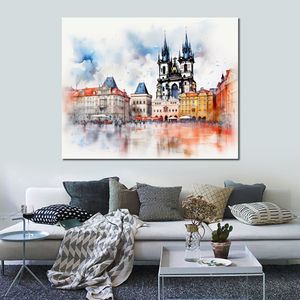 Wereldberoemd gebouw Praagplein Tsjechië potloodscript Art Canvas Print foto poster voor eetkamer wanddecoratie