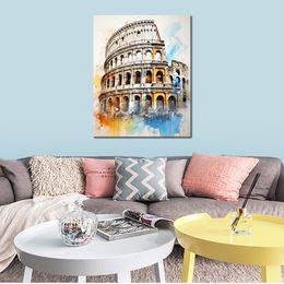 Wereldberoemd gebouw Romeins Colosseum Modern kleurrijk potloodscript Art Canvas Print Foto Poster voor slaapkamermuurdecoratie