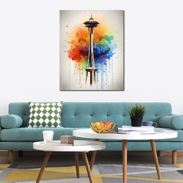 Wereldberoemde gebouw Space Needle moderne kleurrijke potloodscript Art Canvas Print foto poster voor slaapkamer muur decor