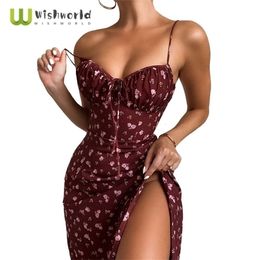 Wereld Bloemenprint Sexy Bodycon Hoge Split Jurk Vrouwen Mouwloze Korte Jurk Party Club Elegante Backless Vestidos 220526