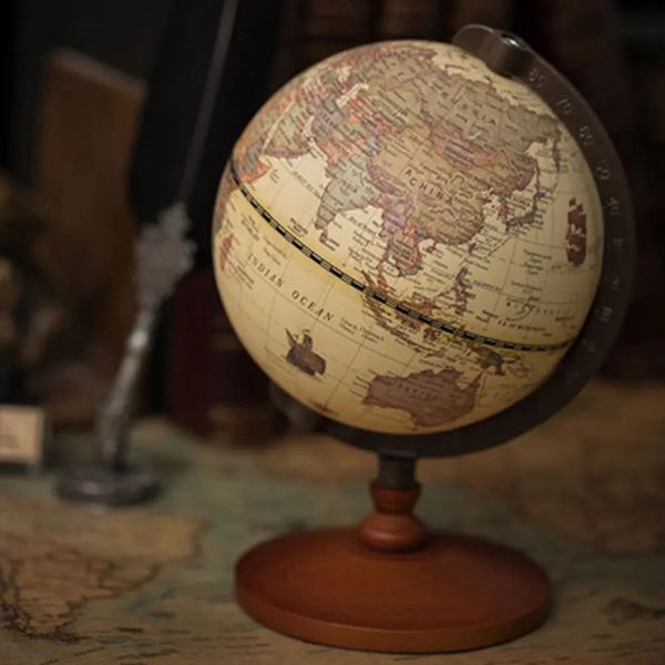 Carte du monde Globe terrestre en anglais, Base en bois rétro, Instrument de terre, éducation géographique, décoration de bureau, 240305