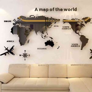 Mapa del mundo acrílico 3D pared de dormitorio de cristal sólido con sala de estar pegatinas de aula Ideas de decoración de oficina 210615