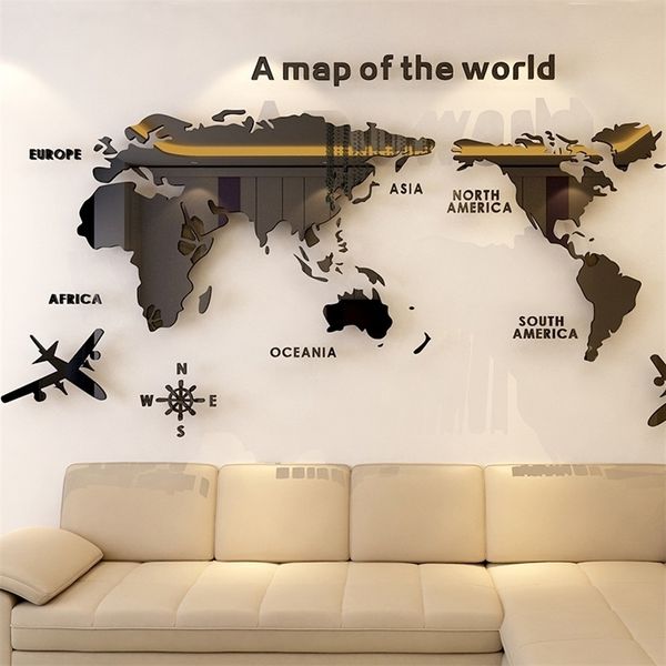Mapa del mundo Acrílico 3D Pared de dormitorio de cristal sólido con pegatinas para sala de estar y aula Ideas de decoración de oficina 220727