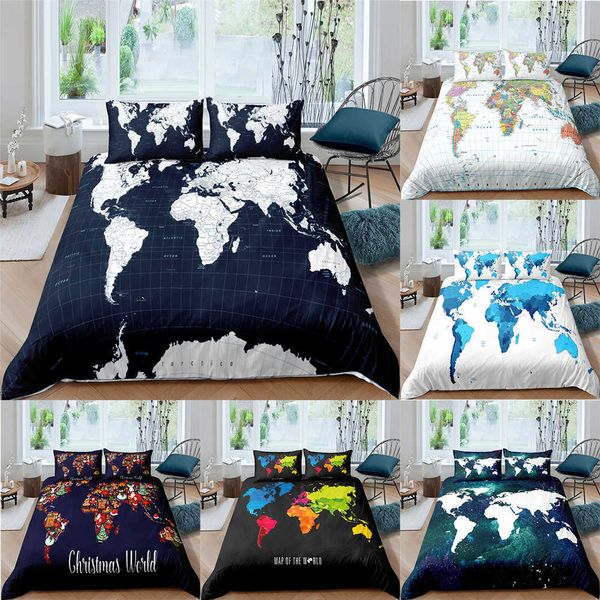 Mapa del mapa Conjunto de ropa de cama impreso cubierta de edredón con fundas de almohada Textiles para el hogar Individual doble con doble doble tamaño doble 210706