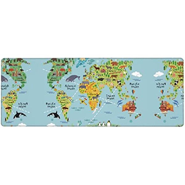 Alfombrilla de ratón con mapa del mundo, alfombrilla de escritorio, alfombrilla de ratón grande para juegos, 31,5X11,8 pulgadas con bordes cosidos, Base antideslizante, duradera