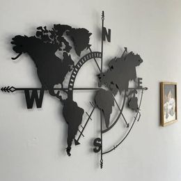 Carte du monde mur Art boussole en métal Design suspendu décoration murale pour bureau à domicile salle de classe et salon accessoires pour la maison