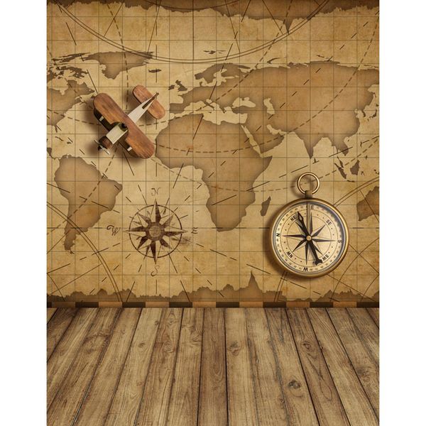 Carte du monde mur photographie toile de fond vinyle boussole avion jouet enfants Photo décors enfants fond brun plancher en bois