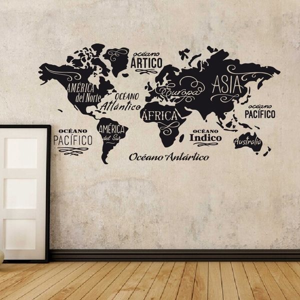 Pegatina de vinilo con palabras de mapa del mundo océanos y continentes en español, calcomanías de pared para el hogar, decoración DIY para el hogar para la sala de estar 210310