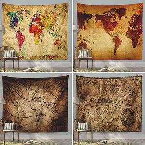 Wereld retro map hangende muur tapestries diy muurschildering tapijtstudie achtergrond achtergrond doek huisdecoratie j220804