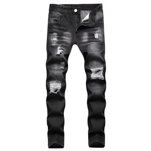 Gedragen gerafelde zwarte casual jeans Jean Homme Pantalon Streetwear Moda Hombre katoen denim broek Fashion Slim Fit gescheurde broek