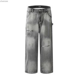 Jean en détresse gris dégradé usé pour hommes et femmes pantalon en Denim ample large drapé pantalon à jambe droite lavage américain vêtements de rueLF20230824.