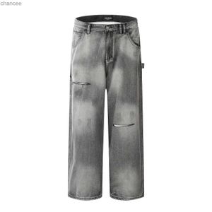 Versleten grijze gradiënt noodlijdende jeans voor mannen en vrouwen los brede drapo denim broek American Wash rechte been broek street Wearlf20230824.