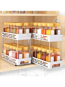 WORTHBUY 2 Layer Kitchen Storage Organize Spices Jar Bottle Rack Organizer Shelves Slide Cabinet 231227