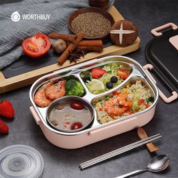 Worthbuy Caja de almuerzo japonesa para niños con vajilla Tazón Contenedor de alimentos de acero inoxidable 304 con compartimentos Microondas Bento Box 201029