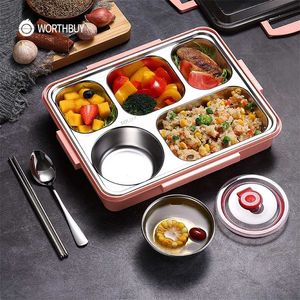 WORTHBUY Boîte à lunch japonaise pour enfants Boîte à bento en acier inoxydable 18/8 avec compartiments Vaisselle Cuisine Conteneur de stockage des aliments 211108