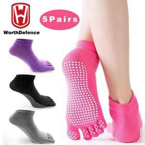 WorthDefence 5 Pairs Dames Sport Yoga Sokken Vijf tenen Slipper Anti Slip voor Lady Pilates Ballet Heel Dance Compression Socks 220105
