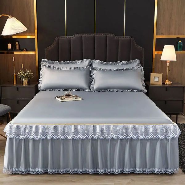 WOSTAR luxe dentelle jupe de lit été couvre-lit solide satin rayonne linge de lit couple literie simple double reine king size drap de lit 240322