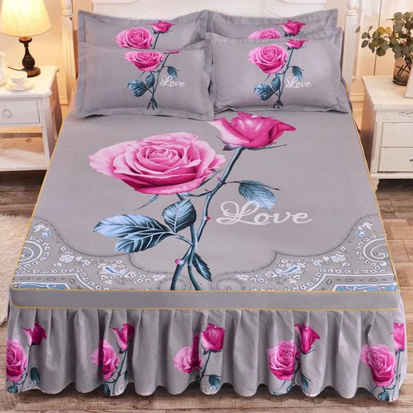 WOSTAR rose fleur imprimé jupe de lit couple mariage couvre-lit 150/180 linge de lit 2 personnes luxe double drap king size 240314