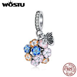 WOSTU 100% 925 Sterling Silver Perle Colorful Flower Charm Pendentif Fit Collier Original Bracelet Collier DIY Bijoux CQC1702 Q0531