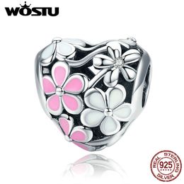 WOSTU 100% 925 Sterling Zilver Blooms Bloem Hart Kralen Fit Originele Armband Roze Emaille Bedel DIY Sieraden Maken Q0531