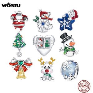 WOSTU 100% 925 Sterling Silver Christmas Tree Bead CZ Santa Claus Charm Snowman Pendentif DIY Bracelet Collier Original Jewelry Q0531