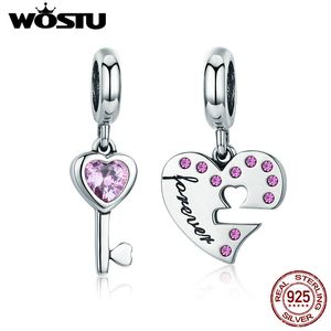 WOSTU 100% 925 sterling zilver De sleutel van hart bungels charme fit kralen armband hanger ketting DIY Lover Sieraden Gift CQC638 Q0531