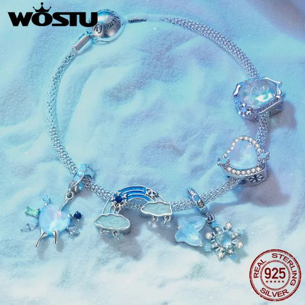 Wostu 925 Serling Silver Melting Ice Snowflake Pendant Blue Opal Love Heart Rainbow charme Fit Bracelet Original DIY Gift d'hiver