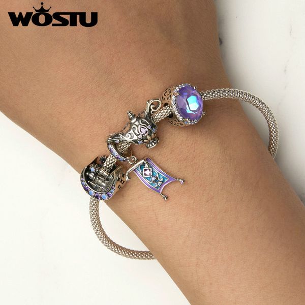 WOSTU 925 STERLING Silver Purple Moonlight Charm Castillo Dreamy Blue Night Elf Posting Fit For Diy Bracelet Jewelry Real