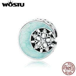 WOSTU 925 Sterling Silver Snow Moonlight Charm Rond Bleu Émail Perle Pendentif Fit Original Bracelet Collier Bijoux CQC1653 Q0531