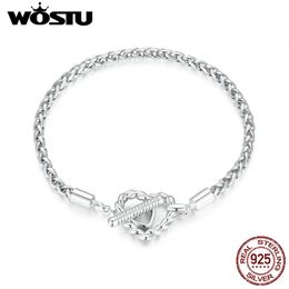 Wostu 925 Sterling Silver Vintage Basic Bracelets Double Love Heart Bangles Snake Chain For Women Diy Gift Suite to Charms Beads240327