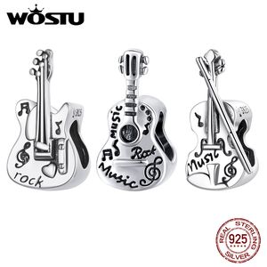 Wostu 925 Sterling Silver Vintage Bass Violin Muziek Gitaar Charms Kralen Paar Fit Originele armband ketting voor dames sieraden