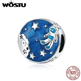 WOSTU astronaute étoile perle 925 argent Sterling émail bleu nuit breloques ajustement Original Bracelet pour femmes bijoux à bricoler soi-même CQC1148 Q0531