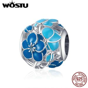 WOSTU Blue Blossom Flower Perles 100% 925 Sterling Silver Charm Fit Original Bracelet Pendentif Argent DIY Bijoux Faire CTC087 Q0531