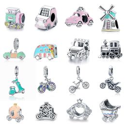 WOSTU Coloré Voiture Charme 925 En Argent Sterling Citrouille Voiture Perle Vélo Zircone Émail Pendentif Fit Original Bracelet DIY Bijoux Q0531