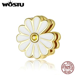 WOSTU Daisy Flower Reflection Charms 925 Sterling Silver Blanc Émail Or Perles Fit Original Bracelet DIY Fabrication de Bijoux CQX118 Q0531