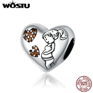 WOSTU Coeur Charms 925 Sterling Argent Enceinte Mère Lettrage Maman Zircon Perles Fit Original Bracelet Collier Bijoux CQC1589 Q0531