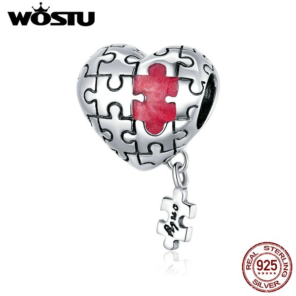 WOSTU Coeur Puzzles Charme 925 Sterling Silver Émail Lettrage Perle Fit Original Bracelet Collier Pendentif DIY Bijoux CQC1635 Q0531