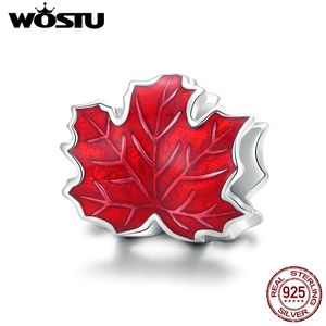 WOSTU Feuilles d'érable Charm 925 Sterling Silver Red Email Perle Pendentif Fit Original Bracelet Collier Automne Bijou; ry CTC335 Q0531