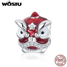 WOSTU Red Lion Dance Beads 100% 925 Sterling Silver Zircon Charm Fit Original Pulsera Colgante Plata 925 Fabricación de joyas CTC086 Q0531