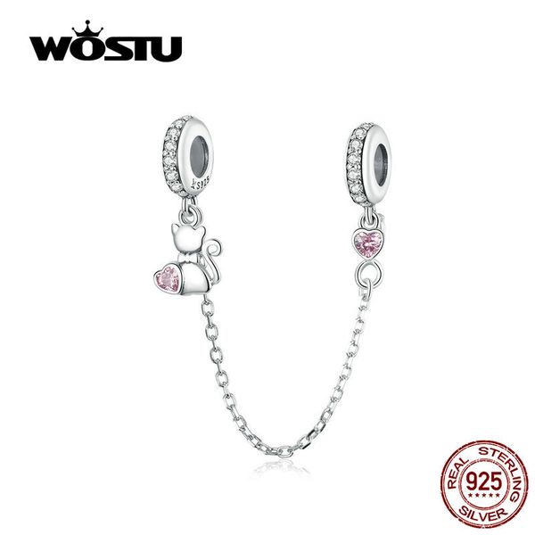 WOSTU S925 Rose Lovely Kitty Charms Hot Fashion 100% Réel Pendentifs En Argent Sterling Perles Fit Original Bracelet Bijoux CQC1233 Q0531
