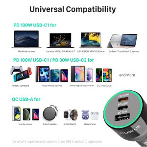 WOTOBEUS 120W 3-poorts USB C-autolader, Fast Charge PPS PD 65W/45W/30W QC5 voor Xiaomi MacBook HP laptop iPhone12 Samsung S21
