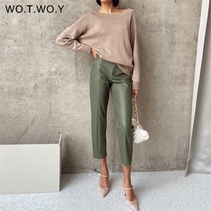 WOTWOY élégant épissé en cuir PU pantalon taille haute bureau dame Fomal pantalon femme noir droit avec poches 220211