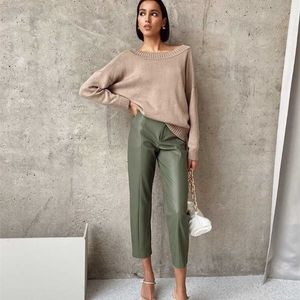 WOTWOY élégant épissé en cuir PU pantalon femmes taille haute bureau dame Fomal pantalon femme noir droit avec poches 211115