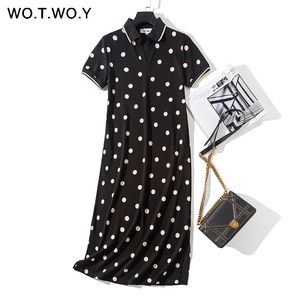 WOTWOY Polka-Dot Imprimer Robes décontractées en vrac Femmes Été à manches courtes en coton Longue Robe Polo Femmes Noir Robe De Festa T200619