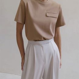 WOTWOY été décontracté solide t-shirts femmes fausse poche ONeck coton à manches courtes t-shirts femme basique lâche hauts souples Harajuku 220526