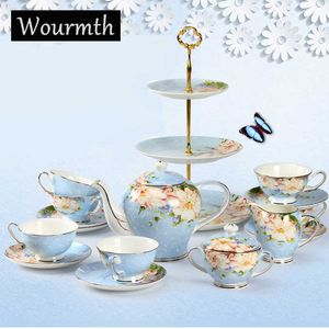 Wourmth Juego de 16 piezas de pintura a mano, taza de café de porcelana de hueso de estilo europeo dorado, juego de regalo de boda