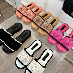 Slippers à main designer tissés CF Chan Nel Camellia Flower Mules Mules Luxury Femmes Plateforme Sandales Lady Paille tresse tweed Mop Slippers Slip on Flats Céde Real Cuir