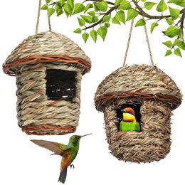 Woven Hand Nest House, Outdoors Hummingbird Hanging, Small Grass Houses Natural Fiber Bird Hut Roosting Pocket For Finch Canary Chickadee