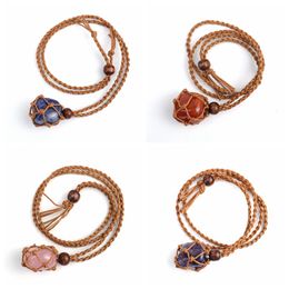 Collier de poche en pierre de pierre de pierre naturelle tiss￩e Collier pendentif gu￩rison reiki pendings quartz artisanat adjoutable Brown Weave Rope Wholesale