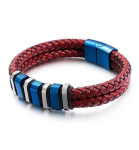 Coundre rouge tissé 2 couches en cuir tressé 12 cm de largeur multi-charme bracelet 210 mm en acier inoxydable Men039 bijoux cool2496627